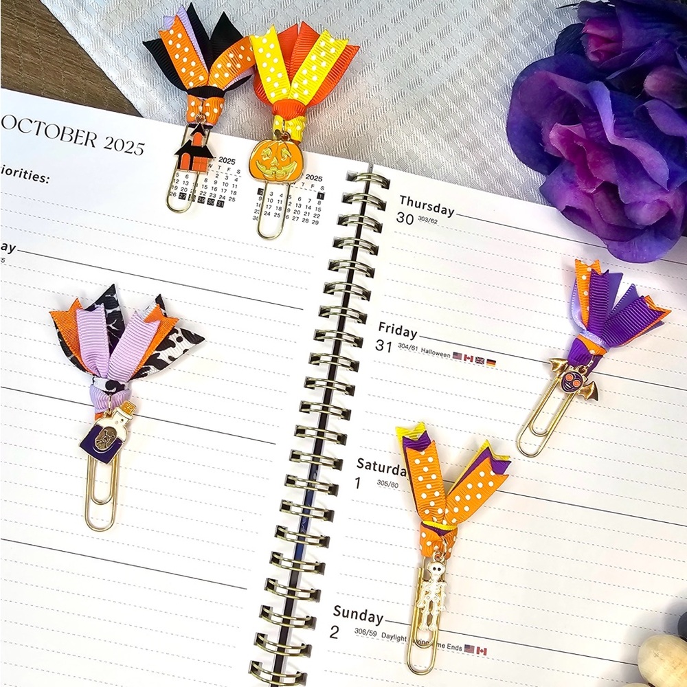 Set of 5 Halloween Ribbon Paperclip Bookmarks with Charms
